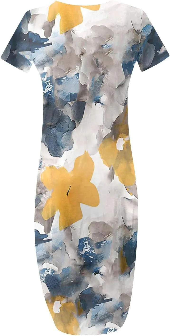 Womens Short Sleeve Trendy Maxi Dresses Boho Floral Print Dresses A Line Casual Comfortable Sundress