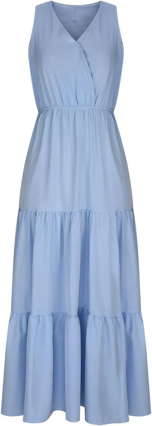 Women's Sleeveless Loose Sundress V-Neck Tiered Maxi Dresses Trendy Comfortable Casual 2025 Long Dress