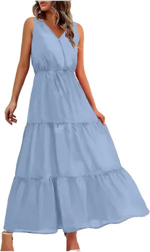 Women's Sleeveless Loose Sundress V-Neck Tiered Maxi Dresses Trendy Comfortable Casual 2025 Long Dress