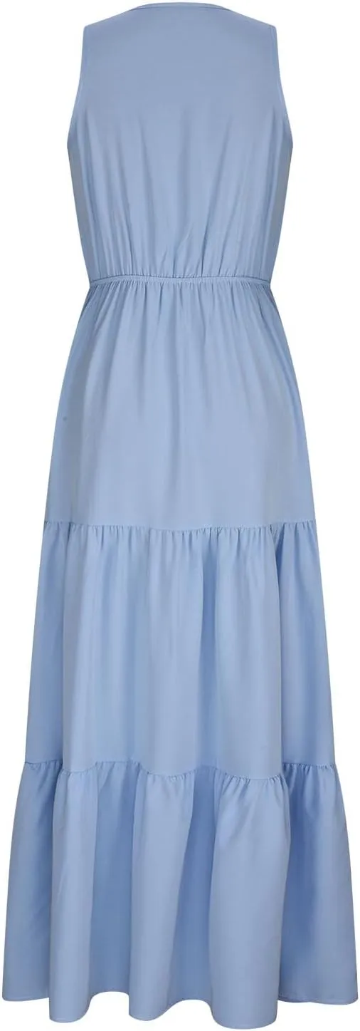 Women's Sleeveless Loose Sundress V-Neck Tiered Maxi Dresses Trendy Comfortable Casual 2025 Long Dress