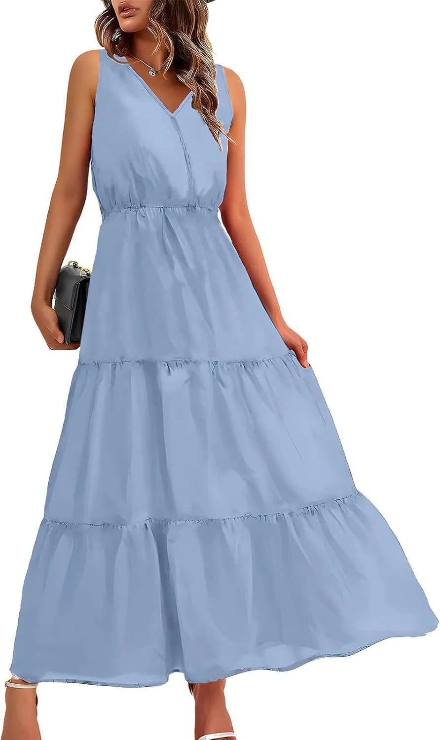 Women's Sleeveless Loose Sundress V-Neck Tiered Maxi Dresses Trendy Comfortable Casual 2025 Long Dress