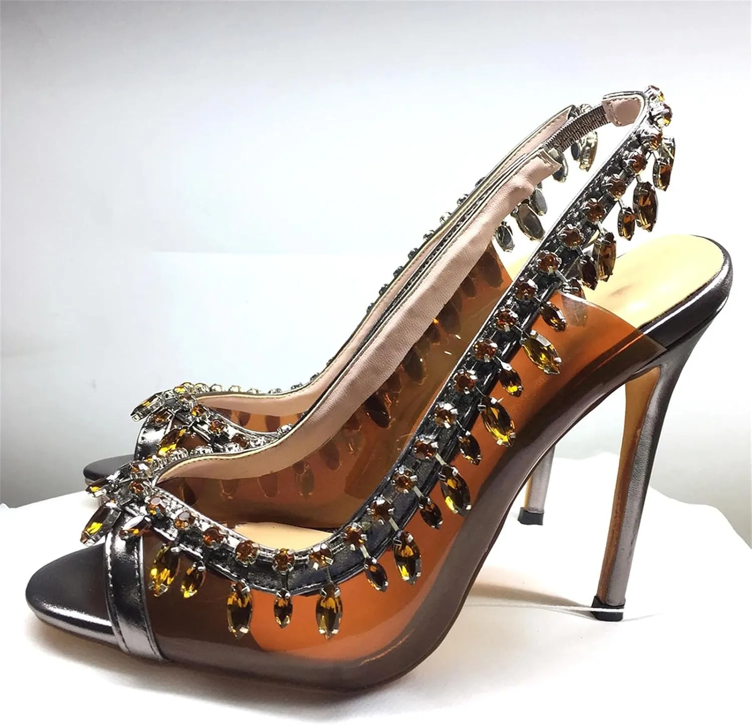 Women's Slingback PVC Sandals, Crystal Strap Stiletto Party Heels