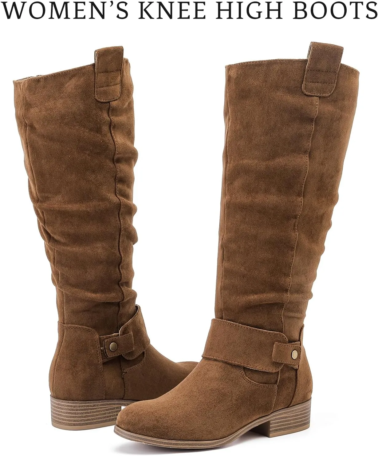 Women's Slouchy Knee High Boots, Comfortable and Fashionable Round Toe Riding Combat Boots for Fall and Winter Wear for Women.
