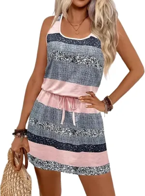 Women's Spring Summer Sleeveless Dress Strips Print Casual A Line Tie Able Belt Vacation Mini Dress