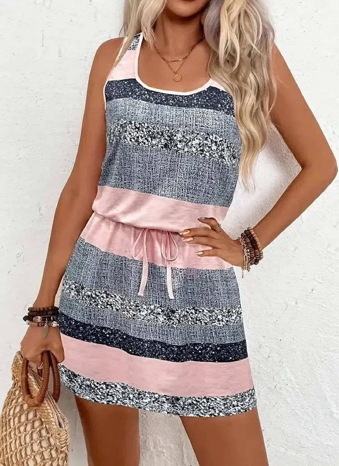 Women's Spring Summer Sleeveless Dress Strips Print Casual A Line Tie Able Belt Vacation Mini Dress