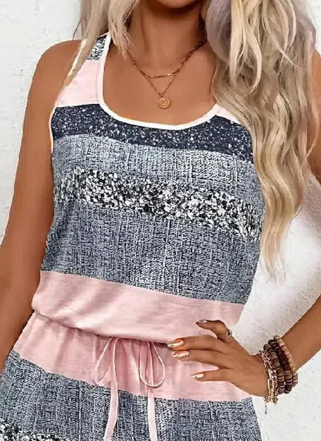 Women's Spring Summer Sleeveless Dress Strips Print Casual A Line Tie Able Belt Vacation Mini Dress