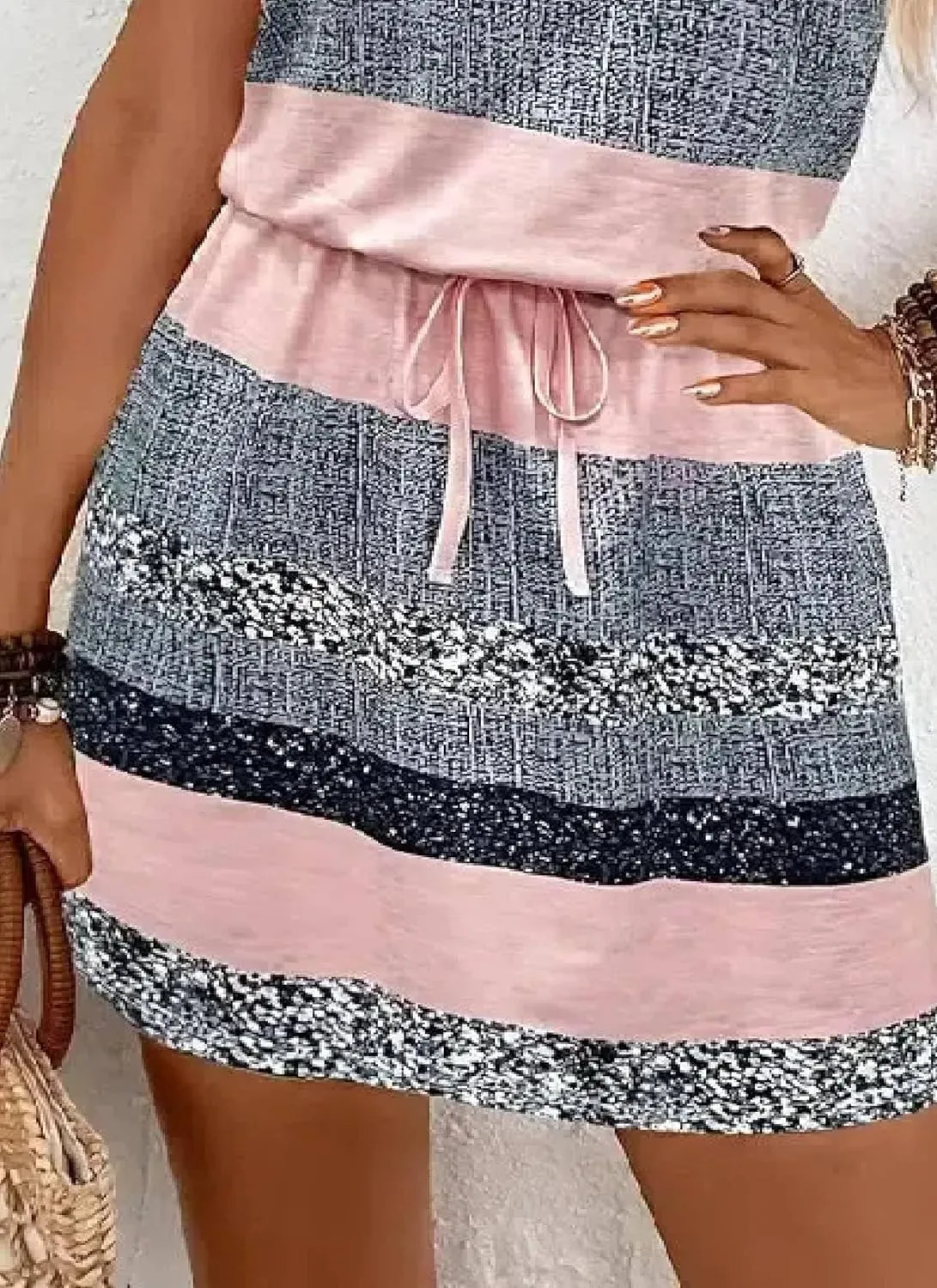 Women's Spring Summer Sleeveless Dress Strips Print Casual A Line Tie Able Belt Vacation Mini Dress