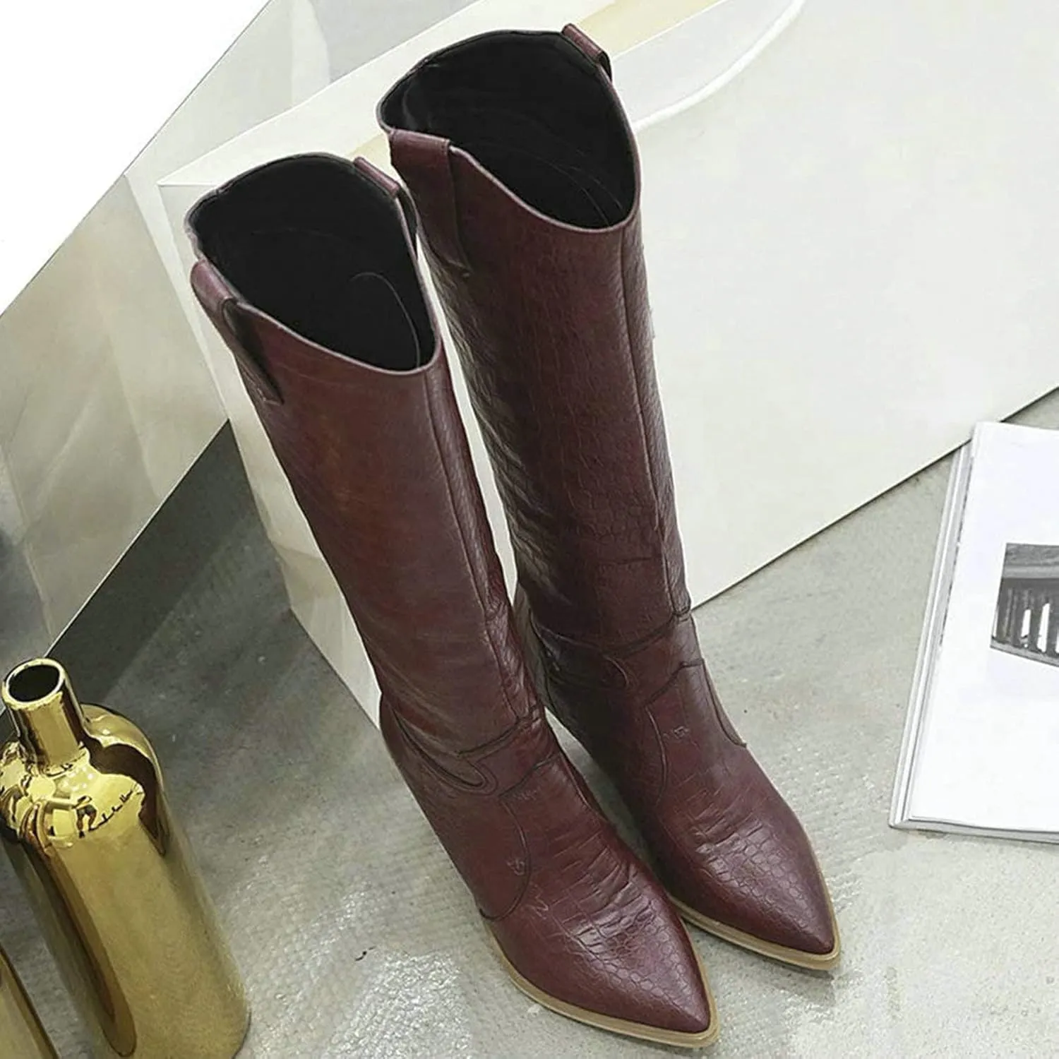 Womens Stacked Chunky Heels Cowgirl Boots Knee High Pointed Toe Cowboy Boots