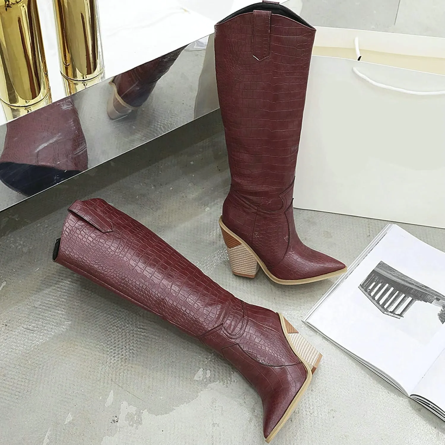 Womens Stacked Chunky Heels Cowgirl Boots Knee High Pointed Toe Cowboy Boots