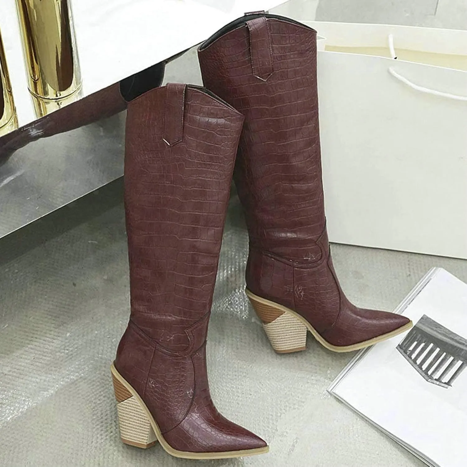 Womens Stacked Chunky Heels Cowgirl Boots Knee High Pointed Toe Cowboy Boots