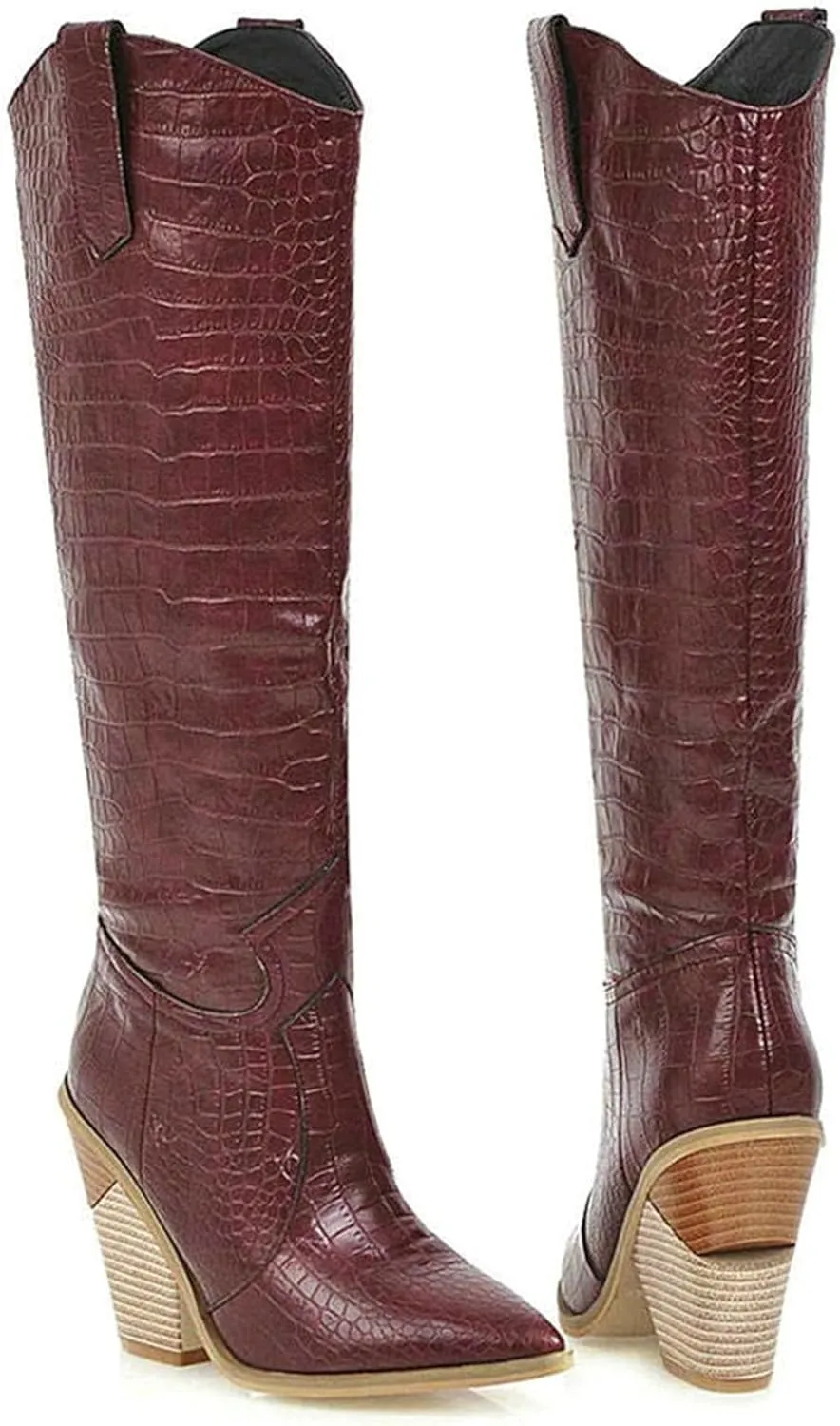 Womens Stacked Chunky Heels Cowgirl Boots Knee High Pointed Toe Cowboy Boots