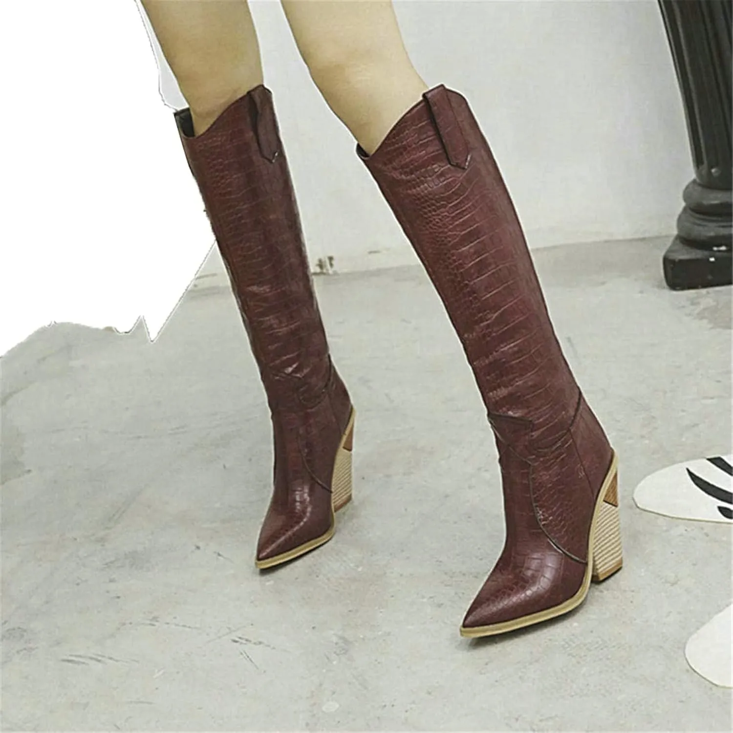 Womens Stacked Chunky Heels Cowgirl Boots Knee High Pointed Toe Cowboy Boots
