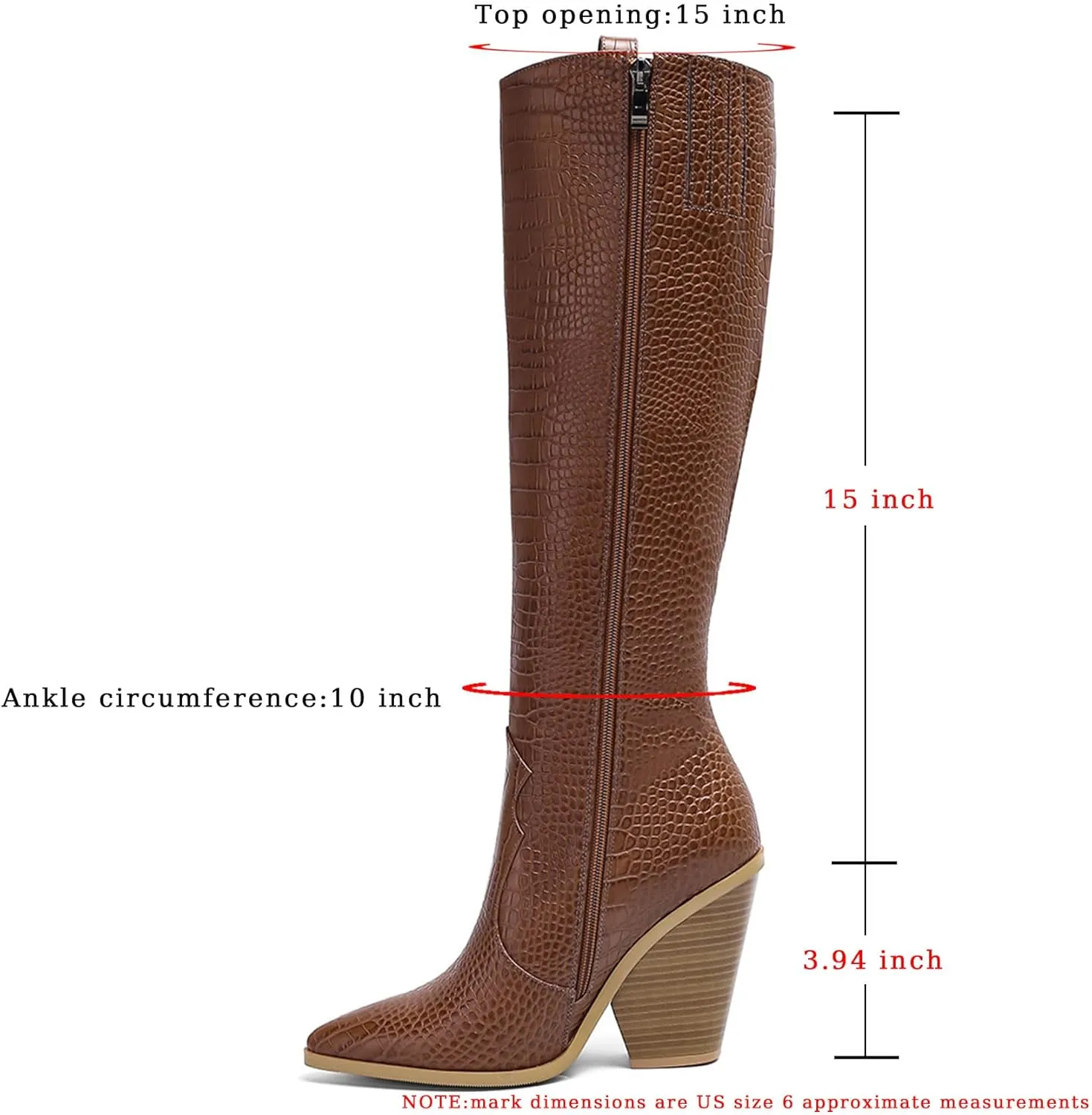 Women's Stacked Chunky Heels Knee High Boots Crocodile Print Western Cowboy Cowgirl Boots Pointed Toe Zipper Long Boots
