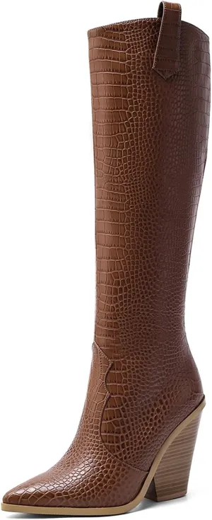 Women's Stacked Chunky Heels Knee High Boots Crocodile Print Western Cowboy Cowgirl Boots Pointed Toe Zipper Long Boots