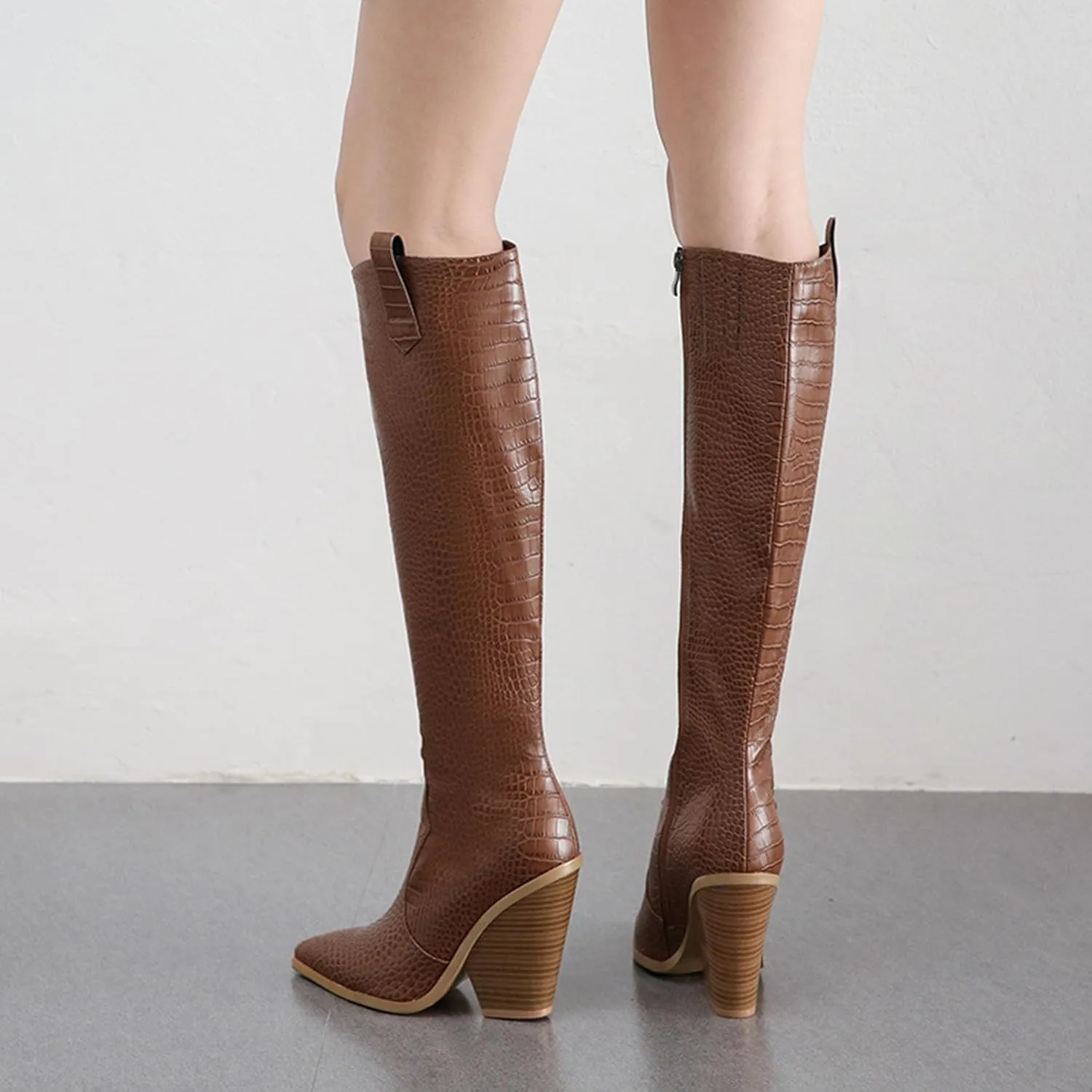 Women's Stacked Chunky Heels Knee High Boots Crocodile Print Western Cowboy Cowgirl Boots Pointed Toe Zipper Long Boots