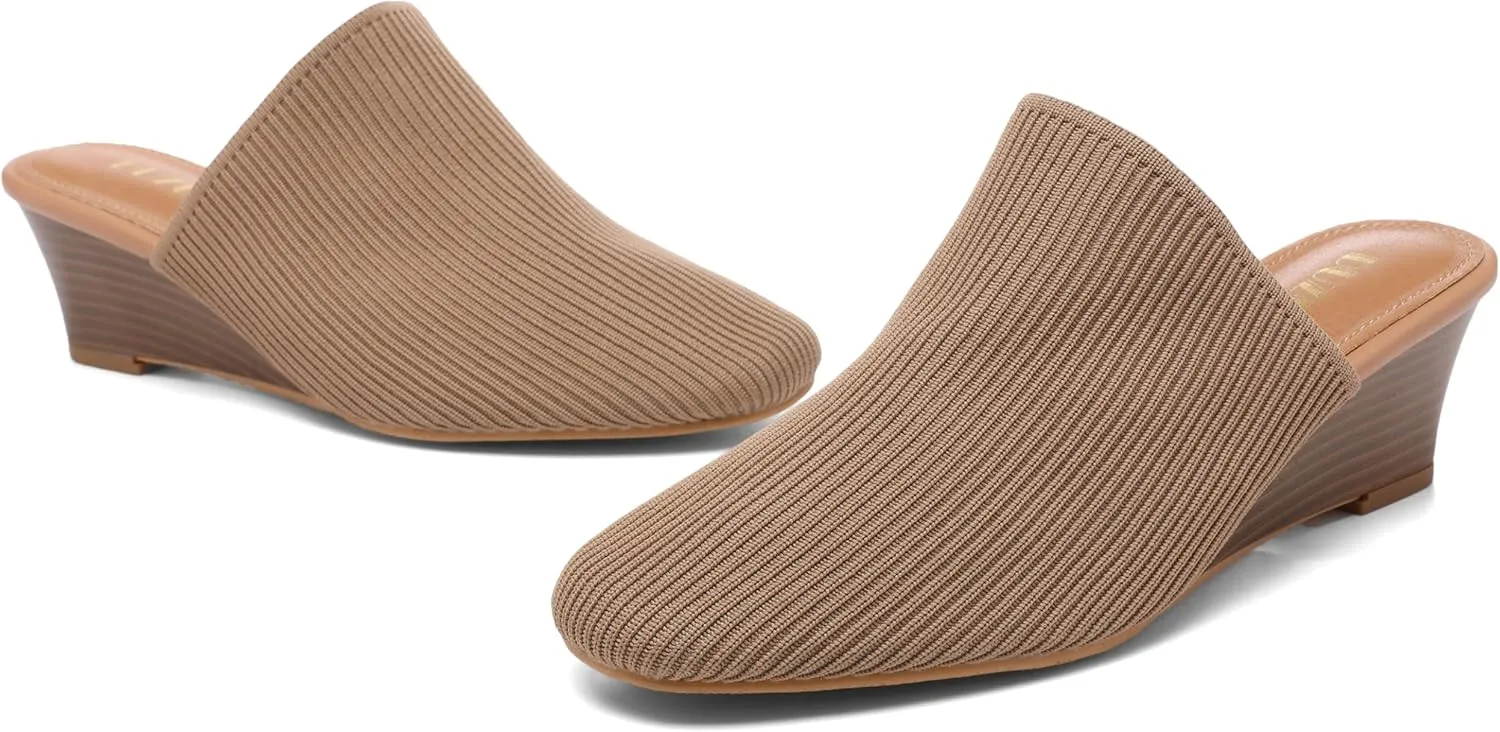 Womens Stacked Heel Wedges Knitted Heeled Mules,Ladies High Heel Slip on Comfortable Trendy Dressy Casual Fancy Holiday Going Out Everyday Crochet Elegant Shoe