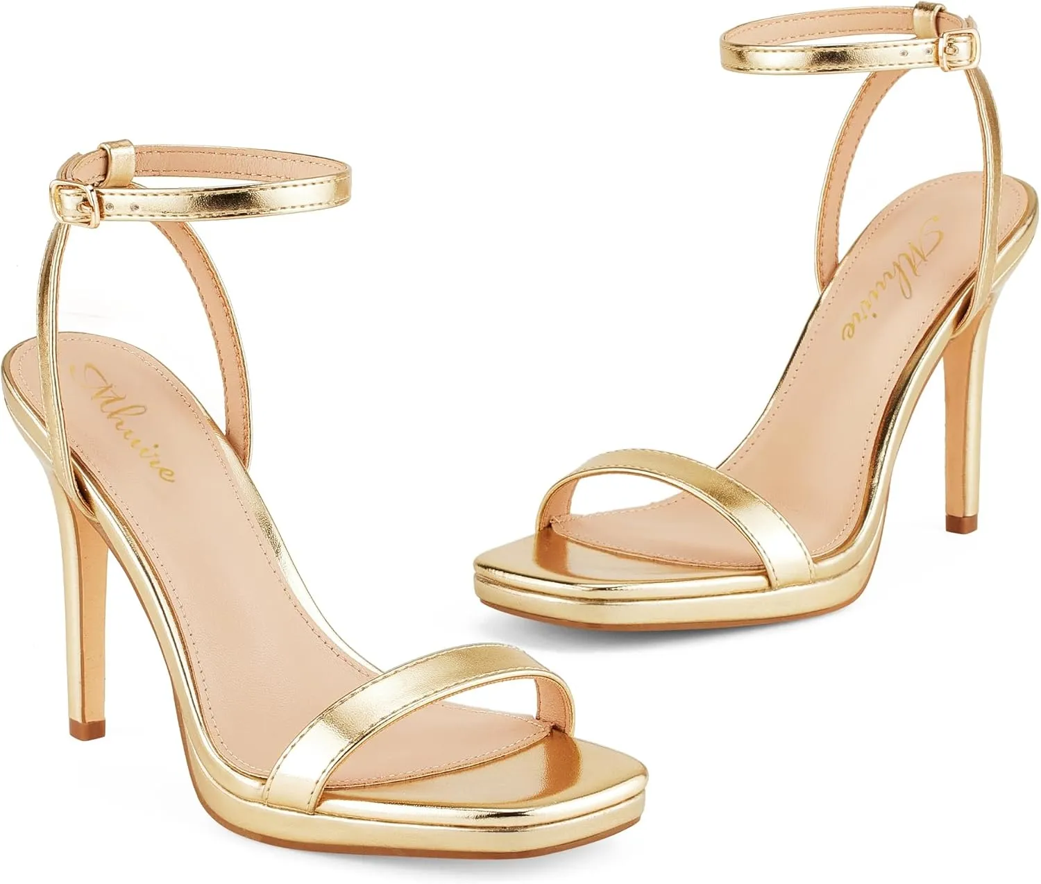 Women’s Stiletto Strappy Heeled Sandals, 4.3 Inch Square Open Toe Sexy High Heels Ankle Strap Buckle Heels for Party Wedding Dress Daily Wear Shoes