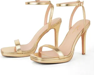 Women’s Stiletto Strappy Heeled Sandals, 4.3 Inch Square Open Toe Sexy High Heels Ankle Strap Buckle Heels for Party Wedding Dress Daily Wear Shoes