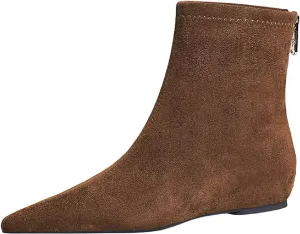 Women's Suede Flat Ankle Boots with Back Zipper Retro Comfortable Pointed Toe Internal Height Increase Wedge Short Bootie Fall Winter Daily Casual Dress Boots