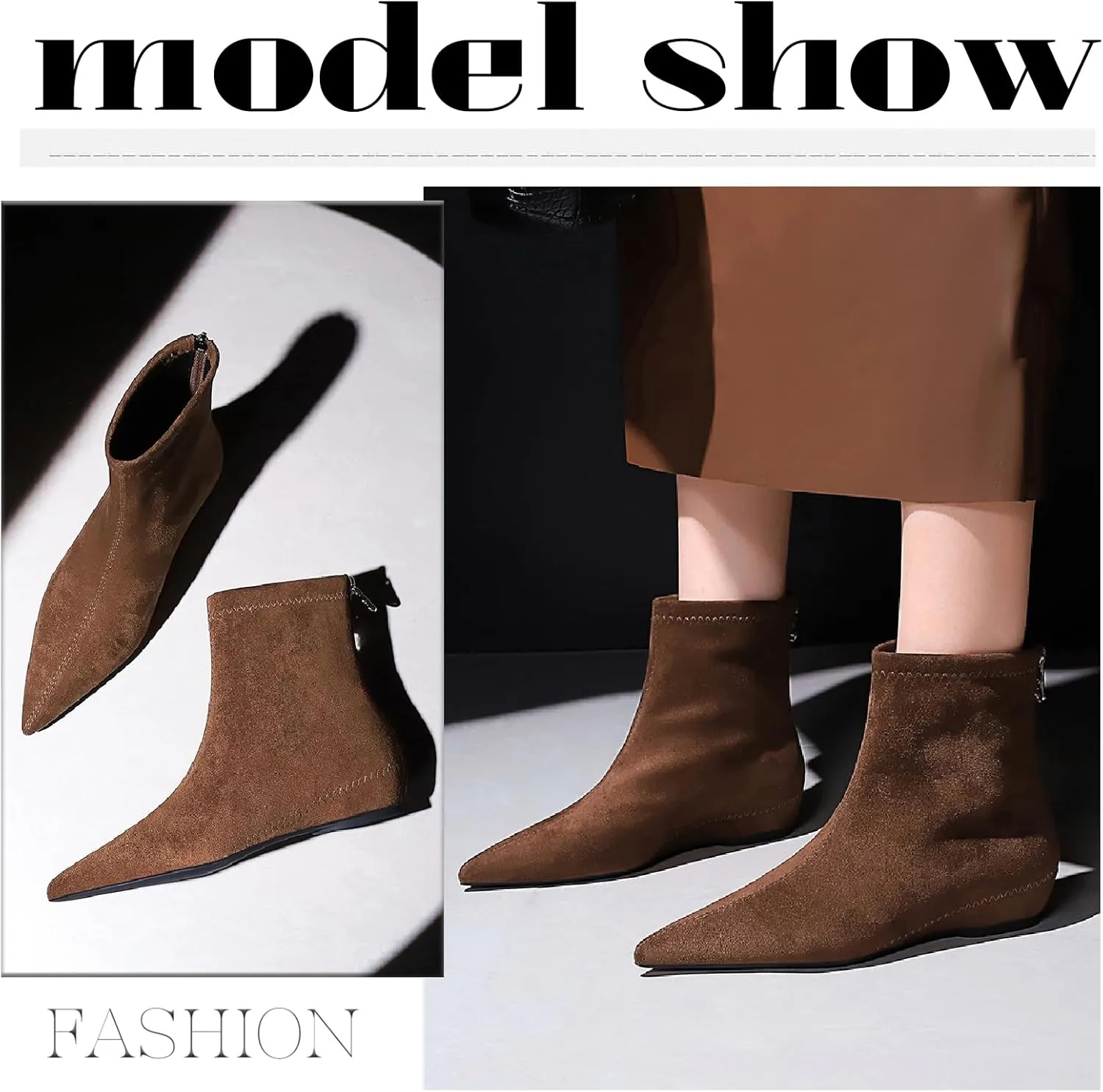 Women's Suede Flat Ankle Boots with Back Zipper Retro Comfortable Pointed Toe Internal Height Increase Wedge Short Bootie Fall Winter Daily Casual Dress Boots