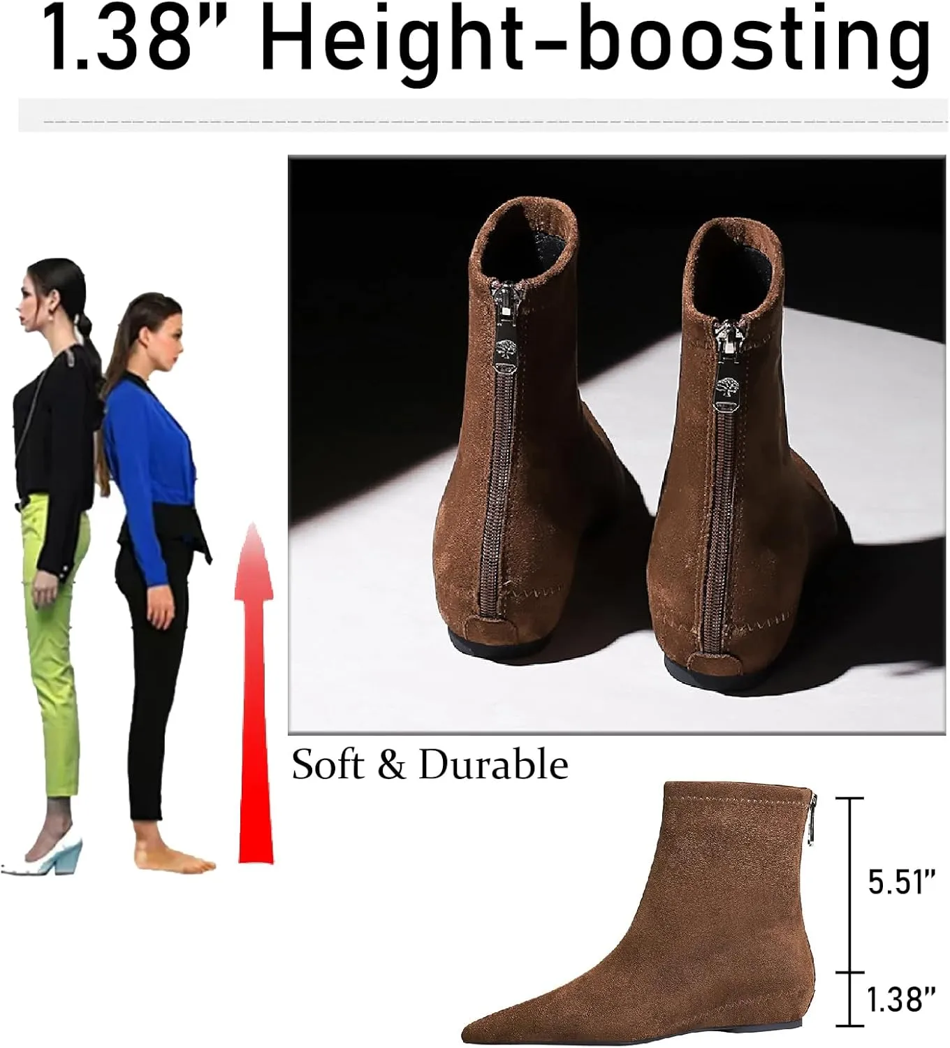 Women's Suede Flat Ankle Boots with Back Zipper Retro Comfortable Pointed Toe Internal Height Increase Wedge Short Bootie Fall Winter Daily Casual Dress Boots