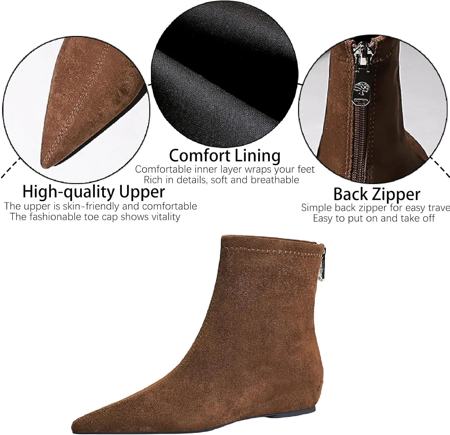 Women's Suede Flat Ankle Boots with Back Zipper Retro Comfortable Pointed Toe Internal Height Increase Wedge Short Bootie Fall Winter Daily Casual Dress Boots