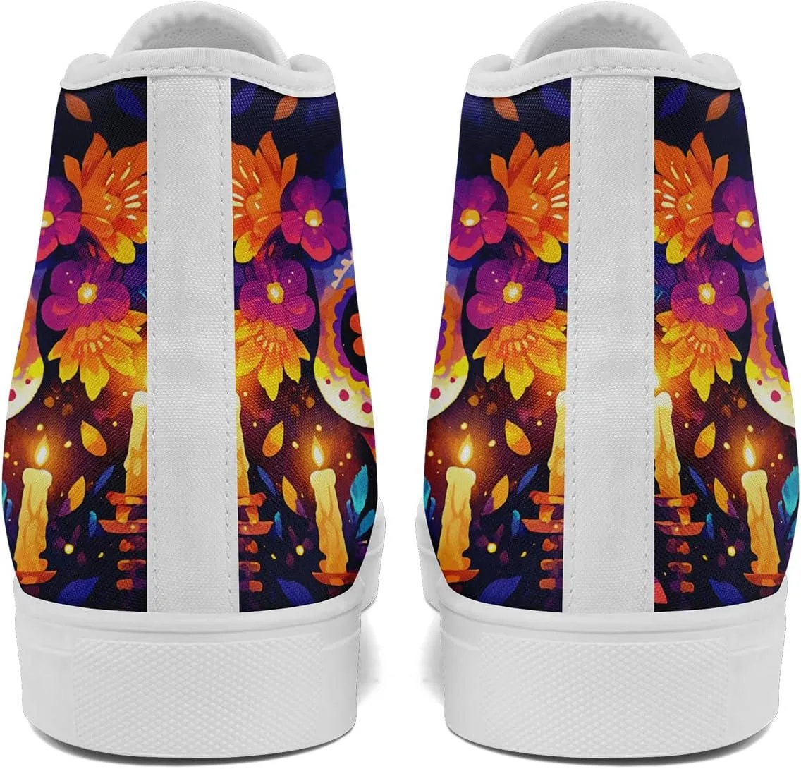 Women's Sugar Skull Canvas Sneakers - Mexican Catrina Art Fashion Shoes Gothic and Folk Art Casual High Tops