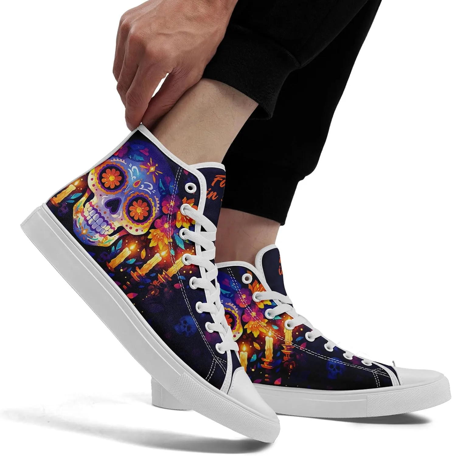 Women's Sugar Skull Canvas Sneakers - Mexican Catrina Art Fashion Shoes Gothic and Folk Art Casual High Tops