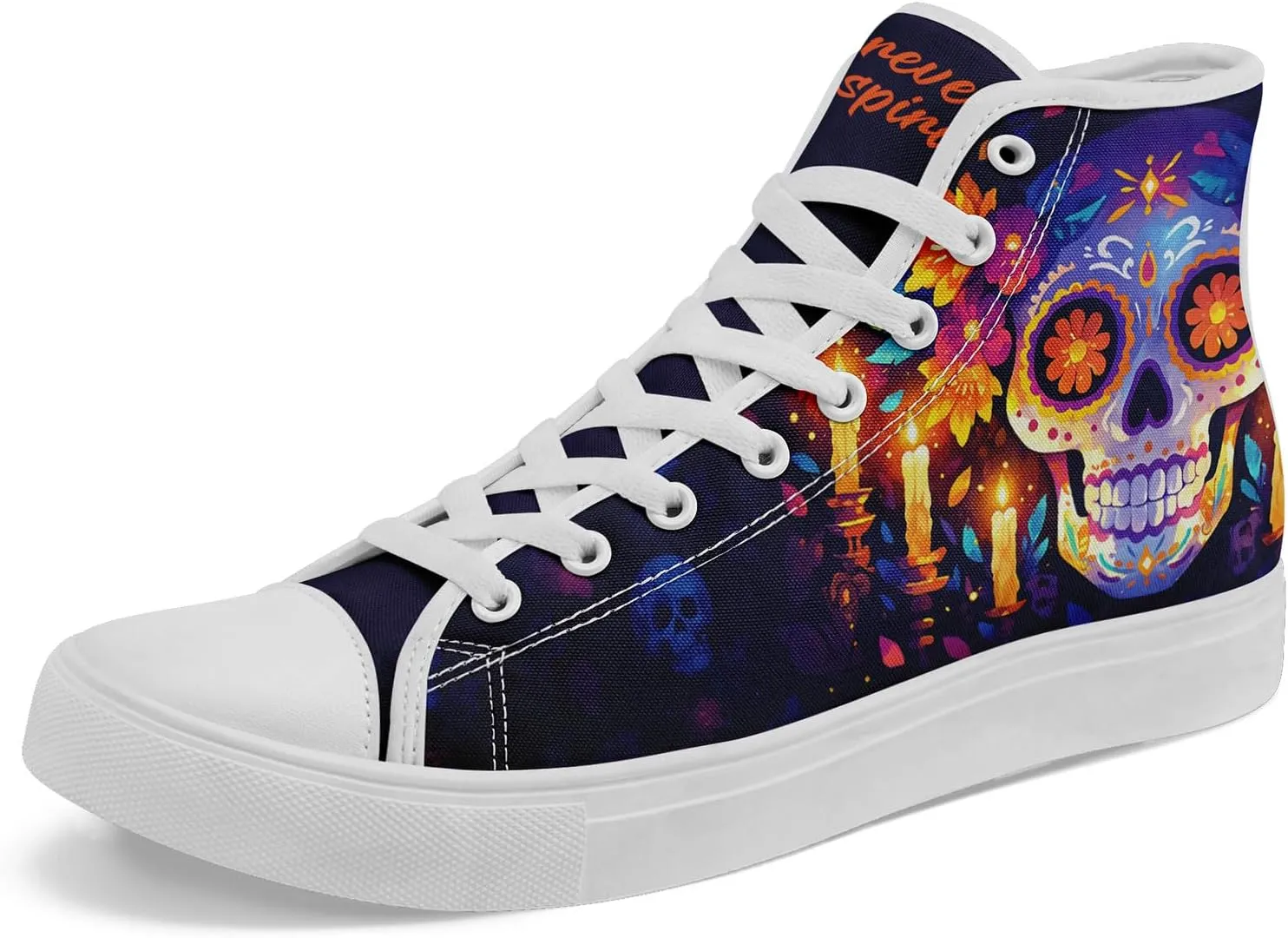 Women's Sugar Skull Canvas Sneakers - Mexican Catrina Art Fashion Shoes Gothic and Folk Art Casual High Tops
