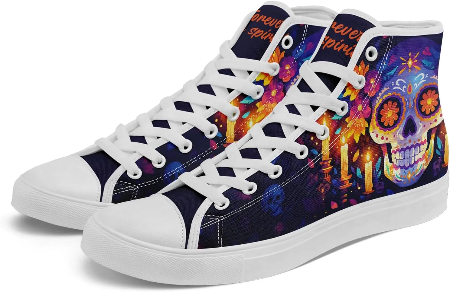 Women's Sugar Skull Canvas Sneakers - Mexican Catrina Art Fashion Shoes Gothic and Folk Art Casual High Tops