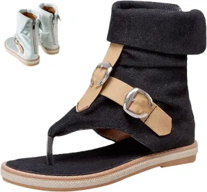 Women's Summer Denim Boho Gladiator Flat Sandals,High Top Double Buckle Strap Back Zip Hippie Thong Shoes Flip Flops
