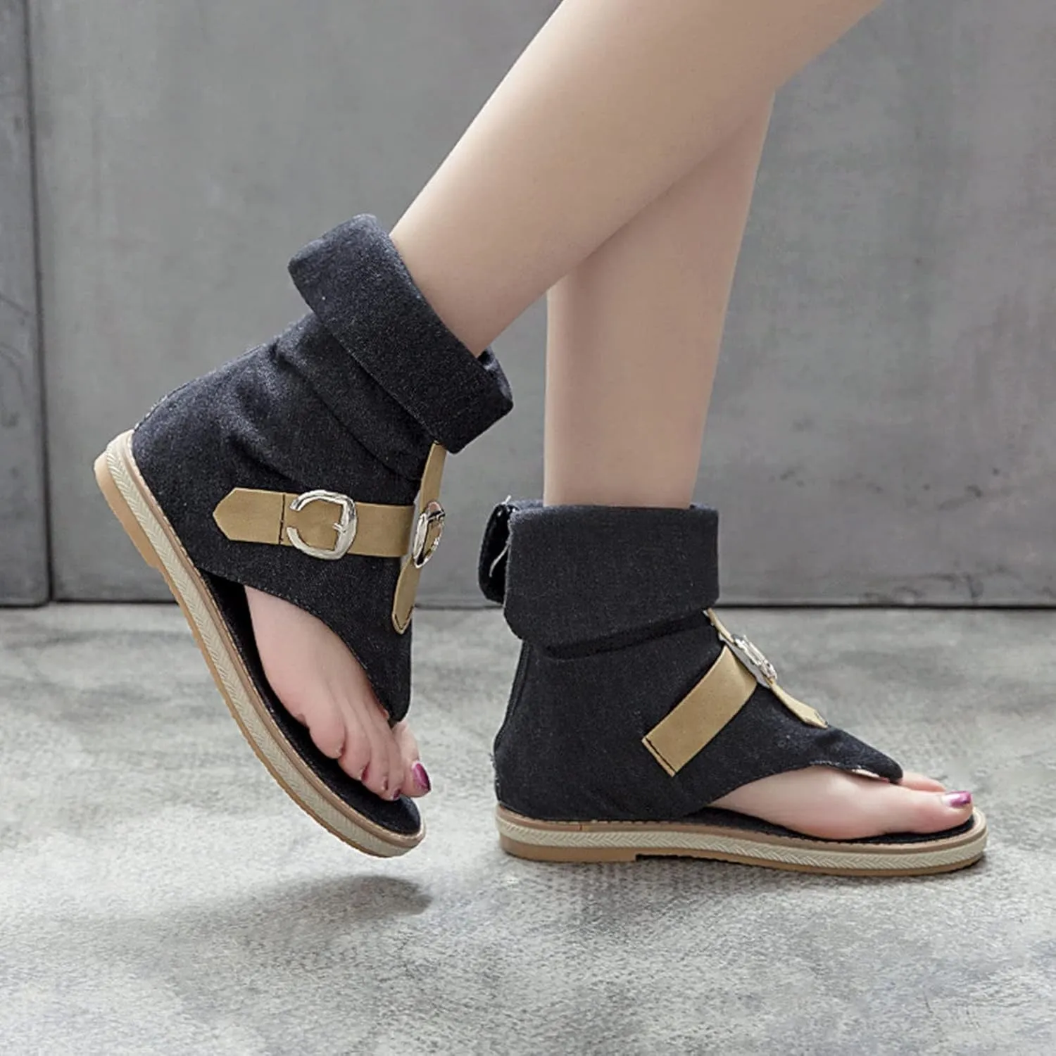 Women's Summer Denim Boho Gladiator Flat Sandals,High Top Double Buckle Strap Back Zip Hippie Thong Shoes Flip Flops