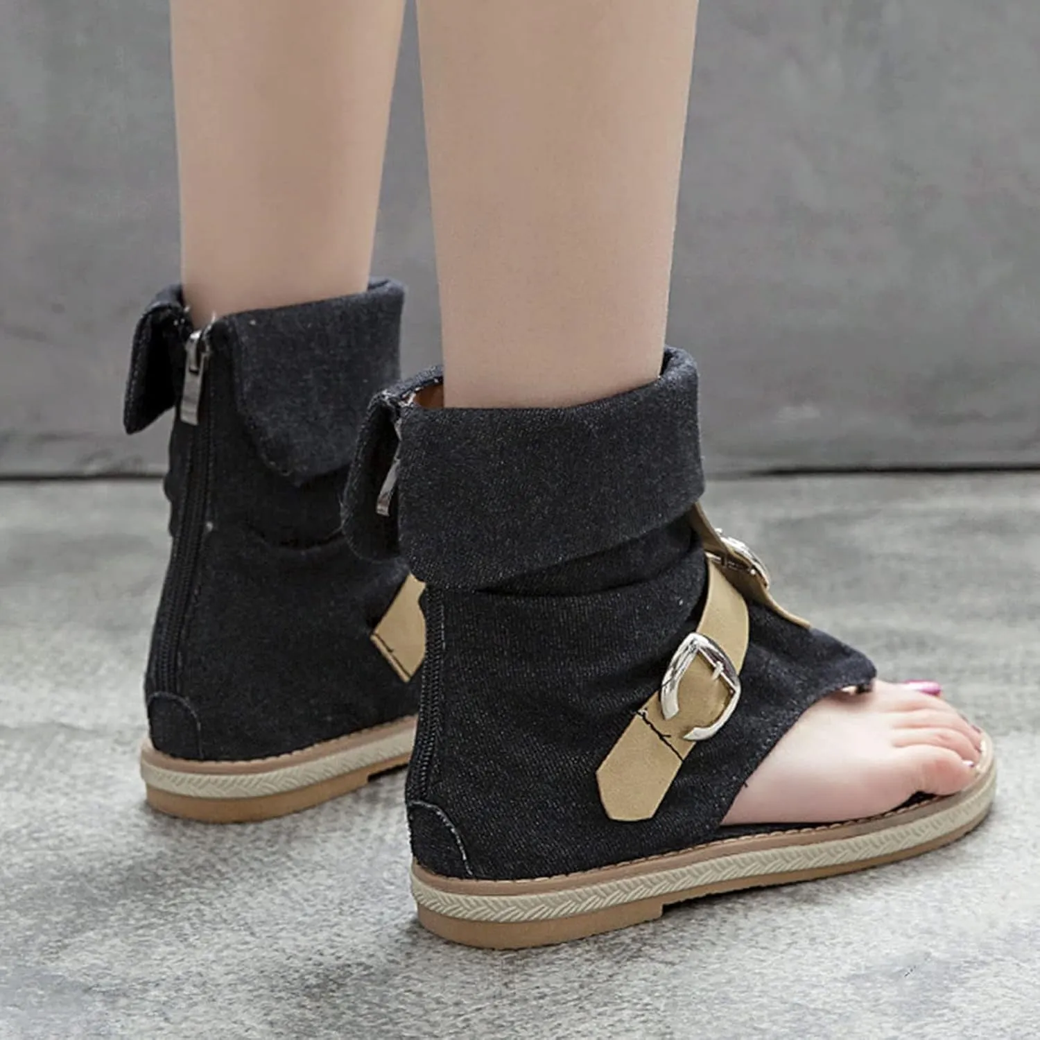 Women's Summer Denim Boho Gladiator Flat Sandals,High Top Double Buckle Strap Back Zip Hippie Thong Shoes Flip Flops