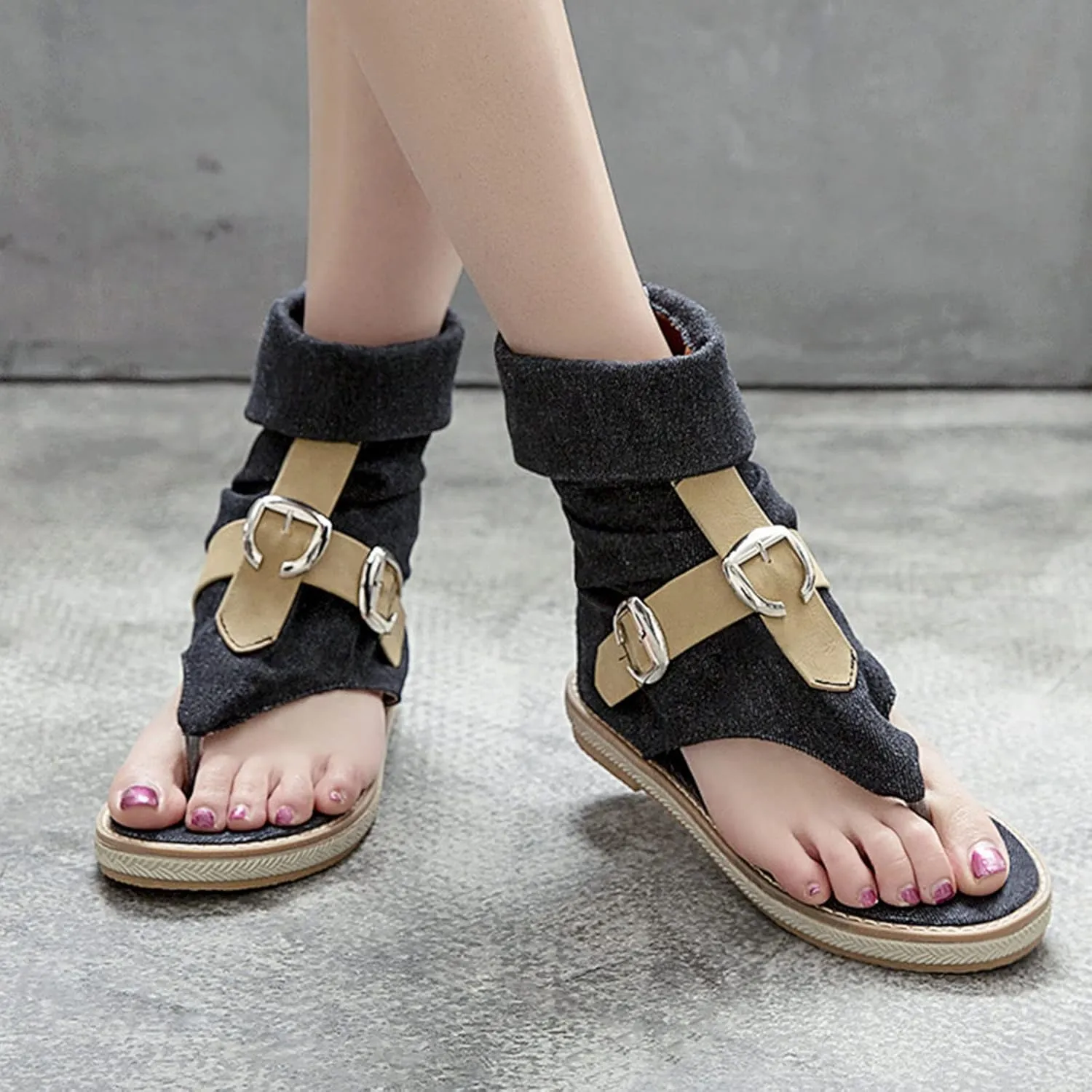 Women's Summer Denim Boho Gladiator Flat Sandals,High Top Double Buckle Strap Back Zip Hippie Thong Shoes Flip Flops