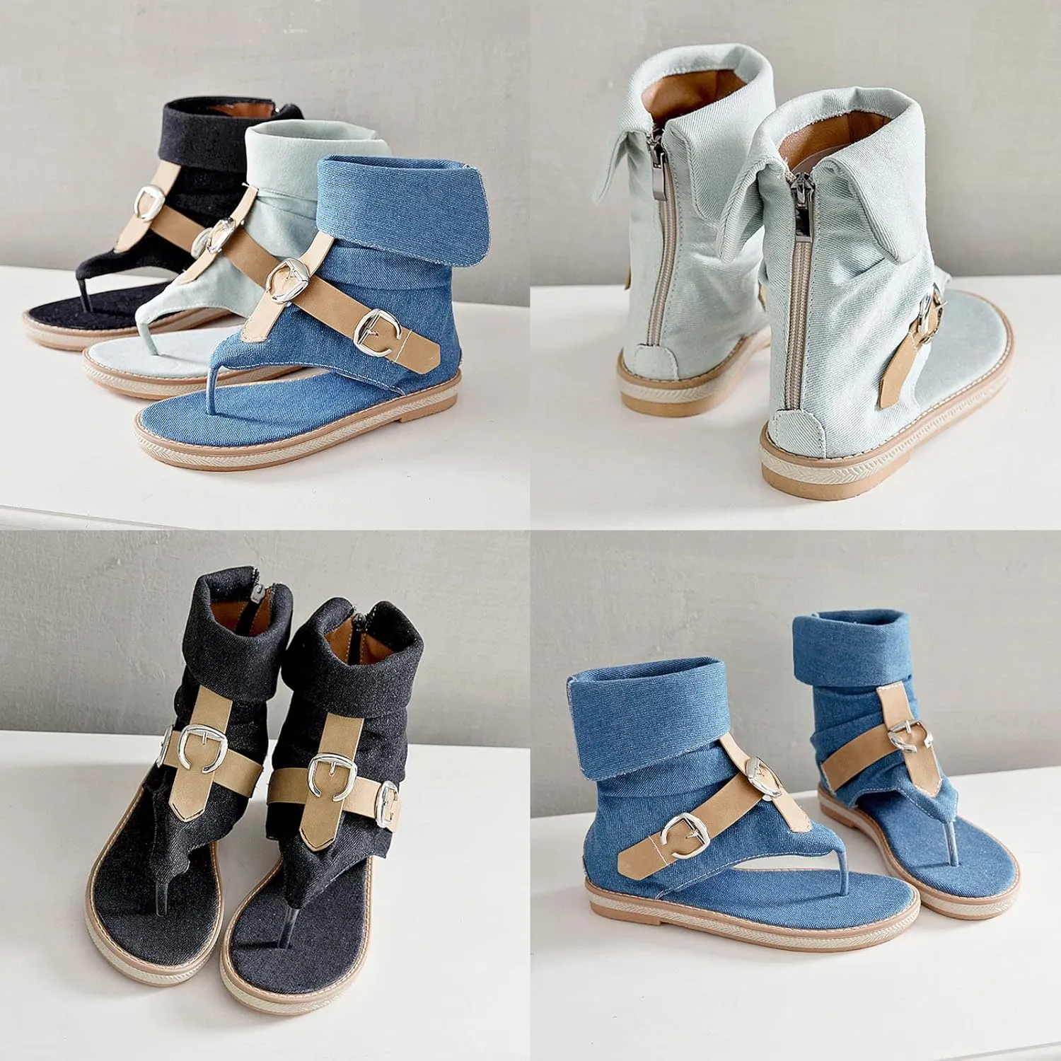 Women's Summer Denim Boho Gladiator Flat Sandals,High Top Double Buckle Strap Back Zip Hippie Thong Shoes Flip Flops