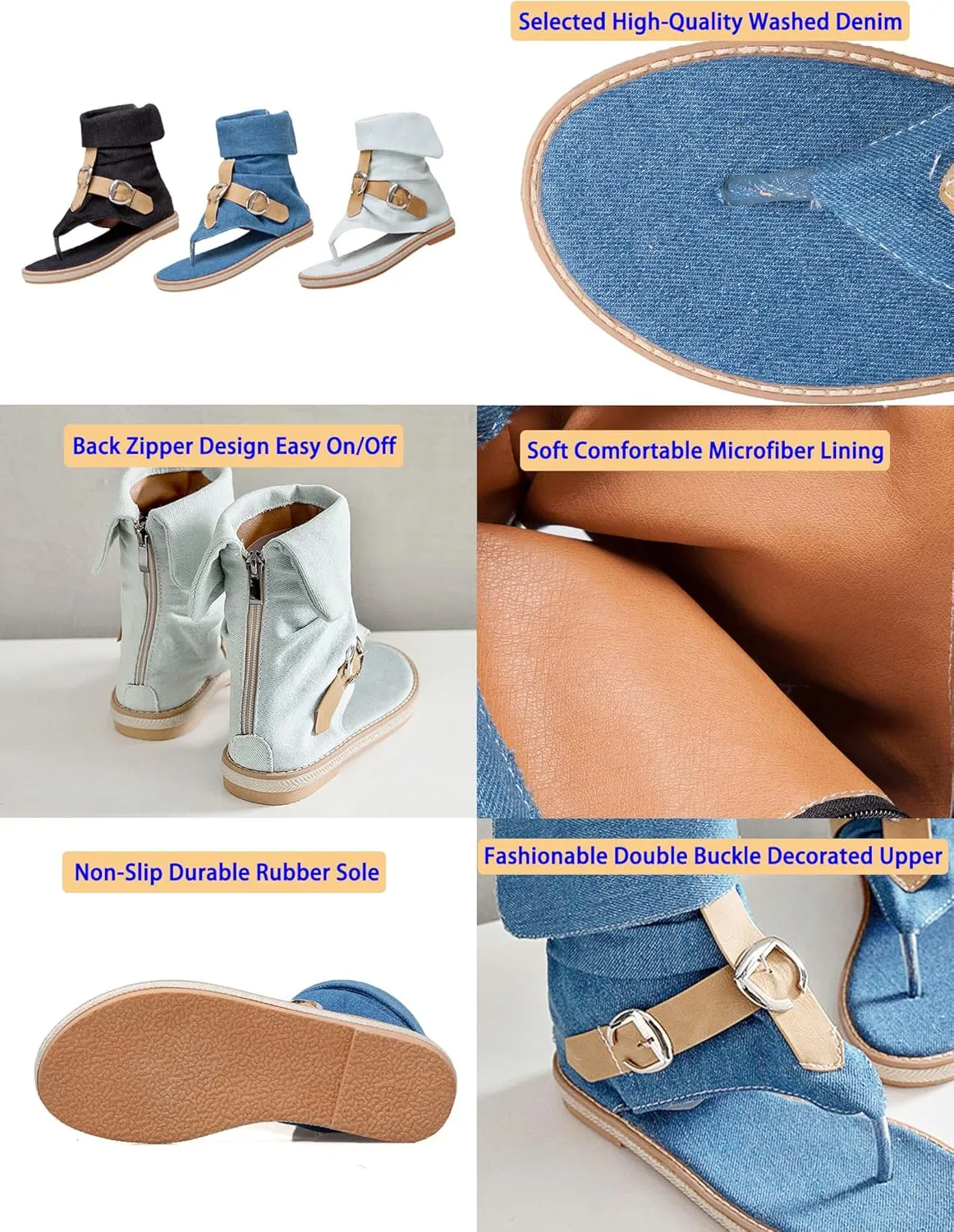 Women's Summer Denim Boho Gladiator Flat Sandals,High Top Double Buckle Strap Back Zip Hippie Thong Shoes Flip Flops