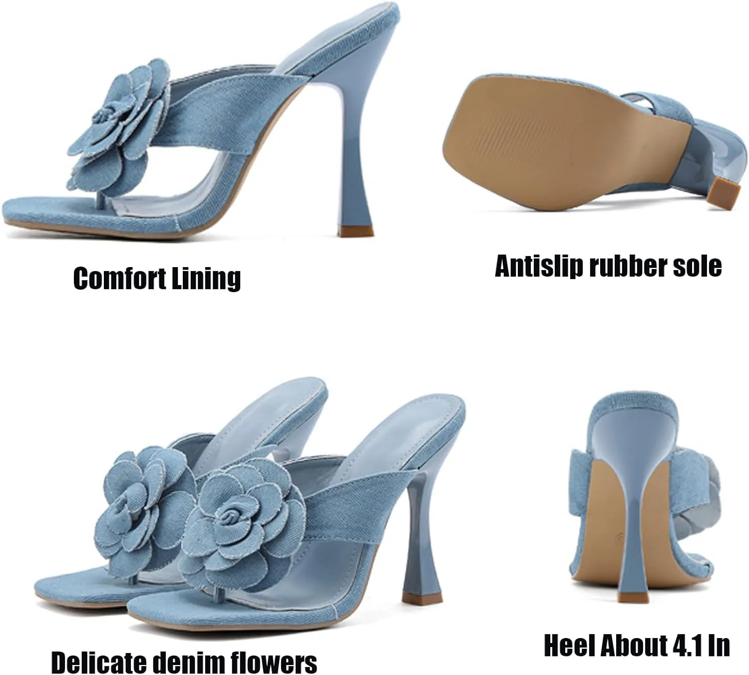 Womens Summer Denim Floral Stiletto Thong Sandals Fashion Square Open Toe Slip On two strap clip toe High Heel Dressy Slides Sandals Prom Daily Classic Office Lady Work Shoes