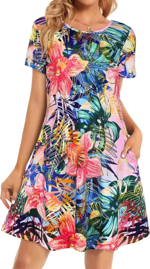 Womens Summer Dresses Beach Casual Loose Tshirt Floral Short Sleeve Flowy Pockets Sundresses