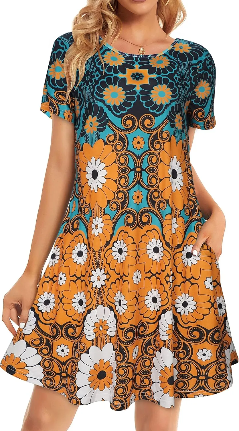 Womens Summer Dresses Beach Casual Loose Tshirt Floral Short Sleeve Flowy Pockets Sundresses
