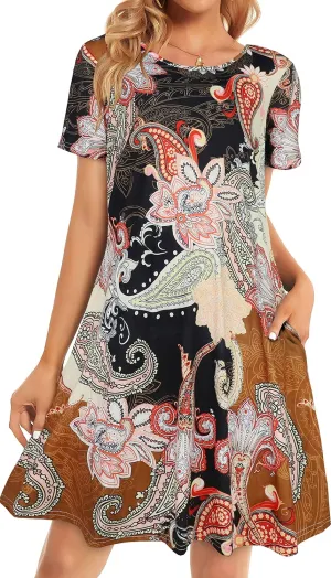 Womens Summer Dresses Beach Casual Loose Tshirt Floral Short Sleeve Flowy Pockets Sundresses
