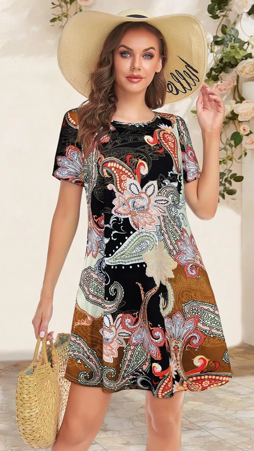 Womens Summer Dresses Beach Casual Loose Tshirt Floral Short Sleeve Flowy Pockets Sundresses