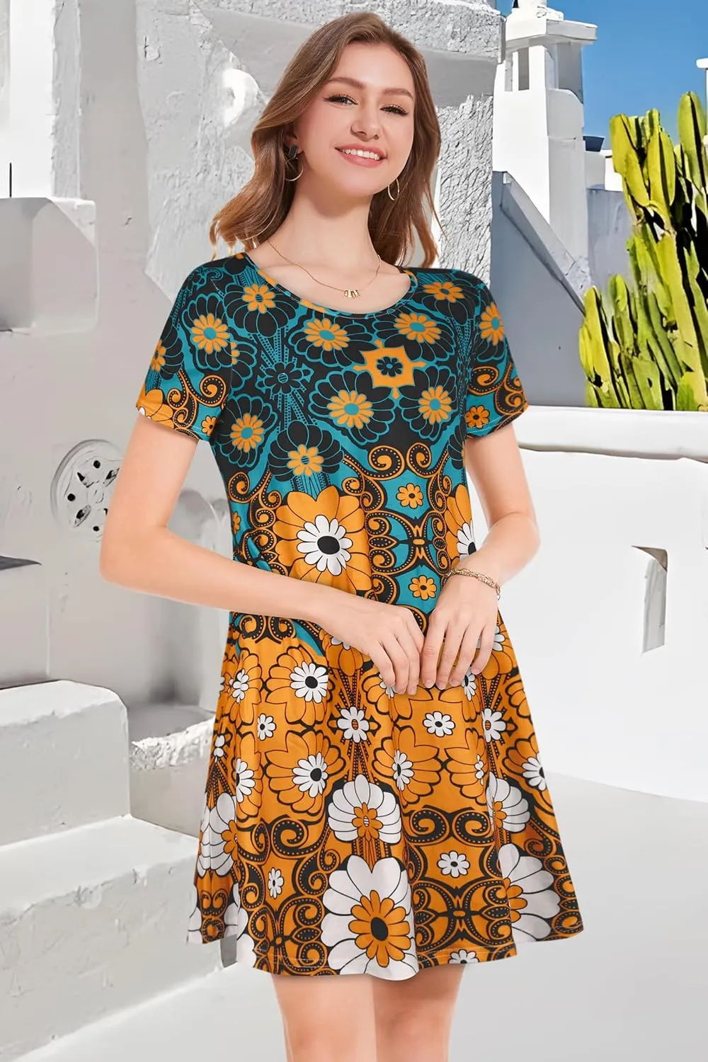 Womens Summer Dresses Beach Casual Loose Tshirt Floral Short Sleeve Flowy Pockets Sundresses