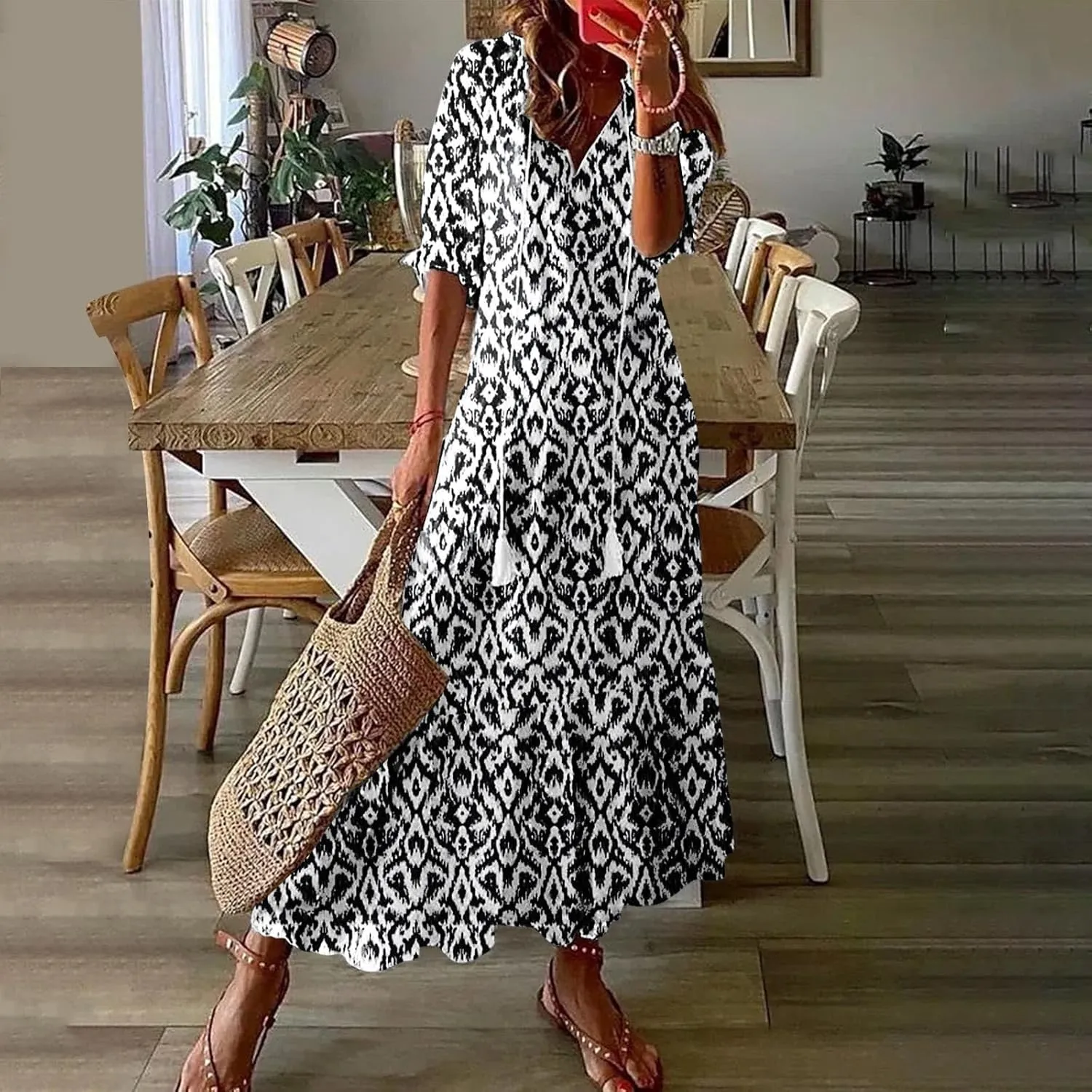 Womens Summer Dresses Short Sleeve Boho Graphic Print Maxi Dresses Loose Casual Flowy Beach Sundresses