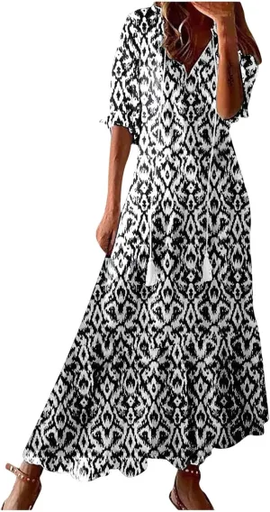 Womens Summer Dresses Short Sleeve Boho Graphic Print Maxi Dresses Loose Casual Flowy Beach Sundresses