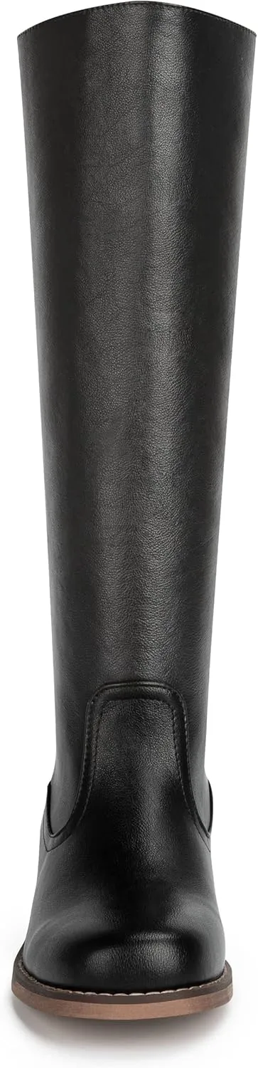 Women's Tall Pull On Low Chunky Heel Leather Platform Wide Calf Knee High Boots, Ladies Dress Non Slip On Classic Square Toe Thick Heel Waterproof Fashion Casual Long Boots