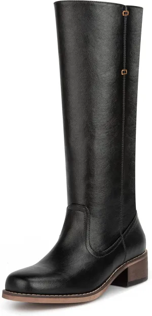 Women's Tall Pull On Low Chunky Heel Leather Platform Wide Calf Knee High Boots, Ladies Dress Non Slip On Classic Square Toe Thick Heel Waterproof Fashion Casual Long Boots