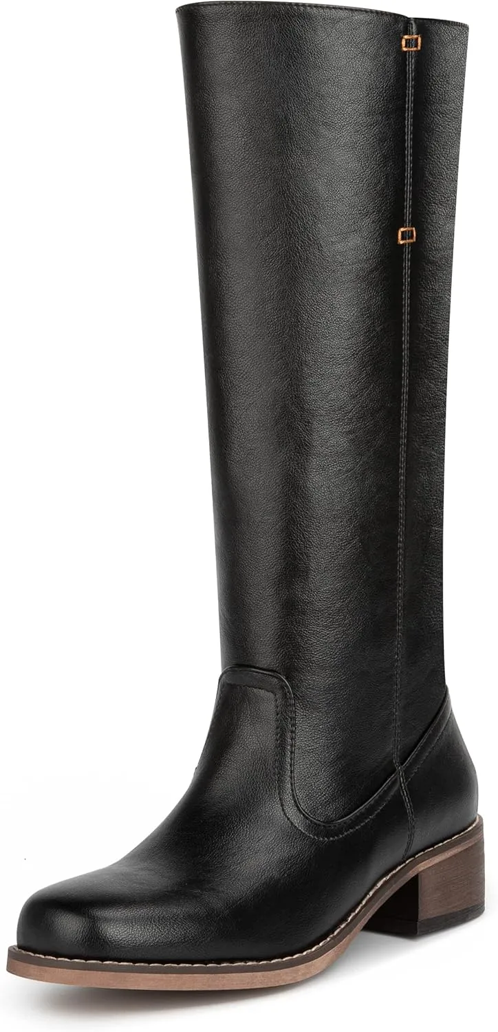 Women's Tall Pull On Low Chunky Heel Leather Platform Wide Calf Knee High Boots, Ladies Dress Non Slip On Classic Square Toe Thick Heel Waterproof Fashion Casual Long Boots