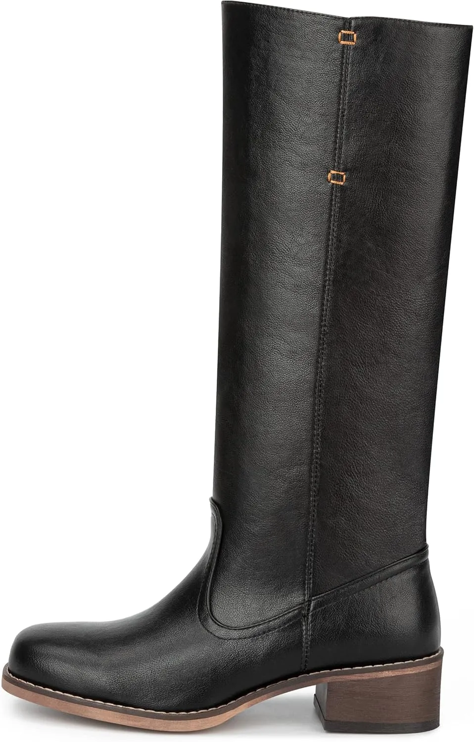 Women's Tall Pull On Low Chunky Heel Leather Platform Wide Calf Knee High Boots, Ladies Dress Non Slip On Classic Square Toe Thick Heel Waterproof Fashion Casual Long Boots