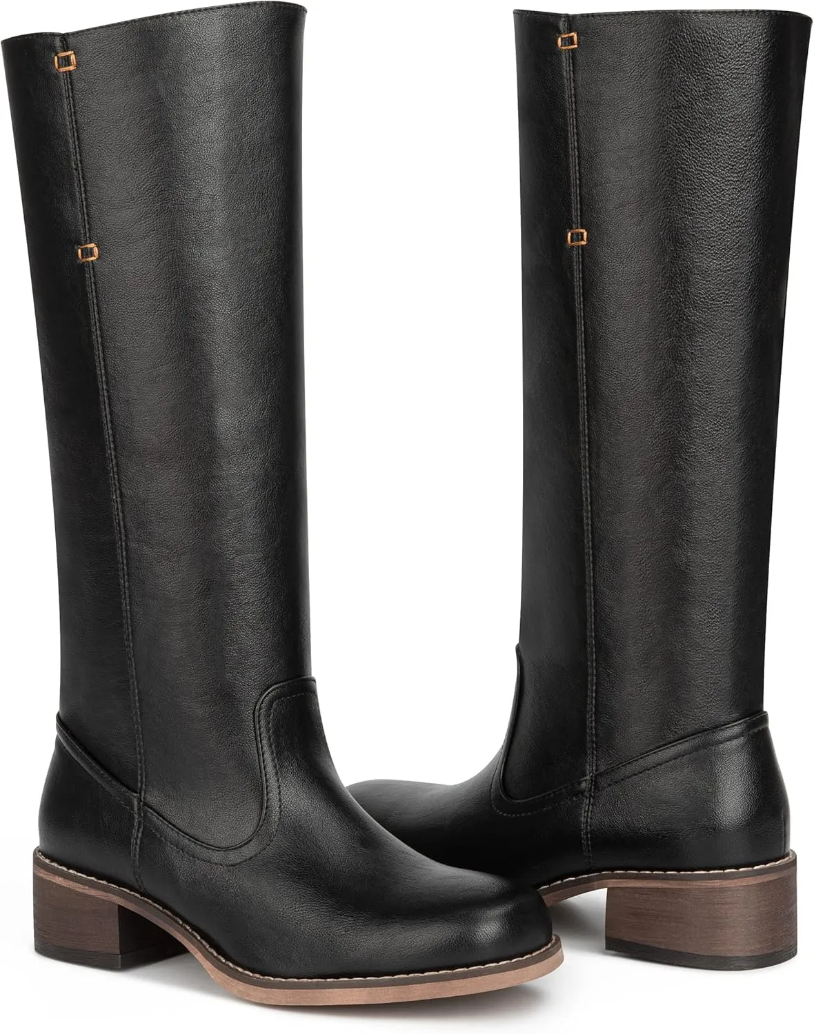 Women's Tall Pull On Low Chunky Heel Leather Platform Wide Calf Knee High Boots, Ladies Dress Non Slip On Classic Square Toe Thick Heel Waterproof Fashion Casual Long Boots