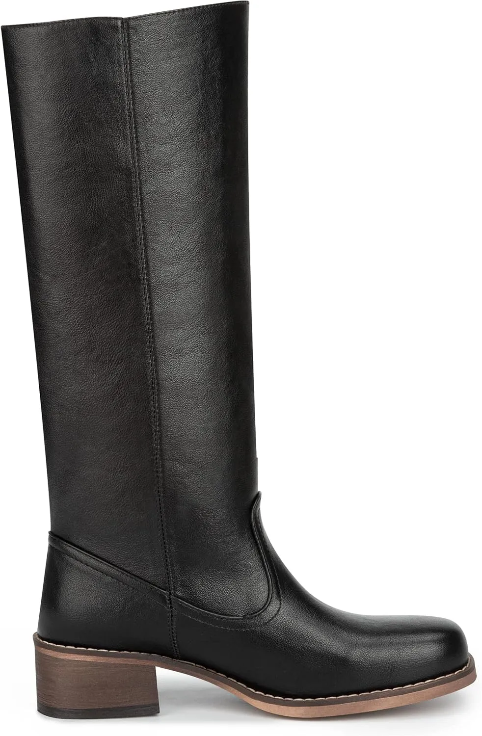 Women's Tall Pull On Low Chunky Heel Leather Platform Wide Calf Knee High Boots, Ladies Dress Non Slip On Classic Square Toe Thick Heel Waterproof Fashion Casual Long Boots